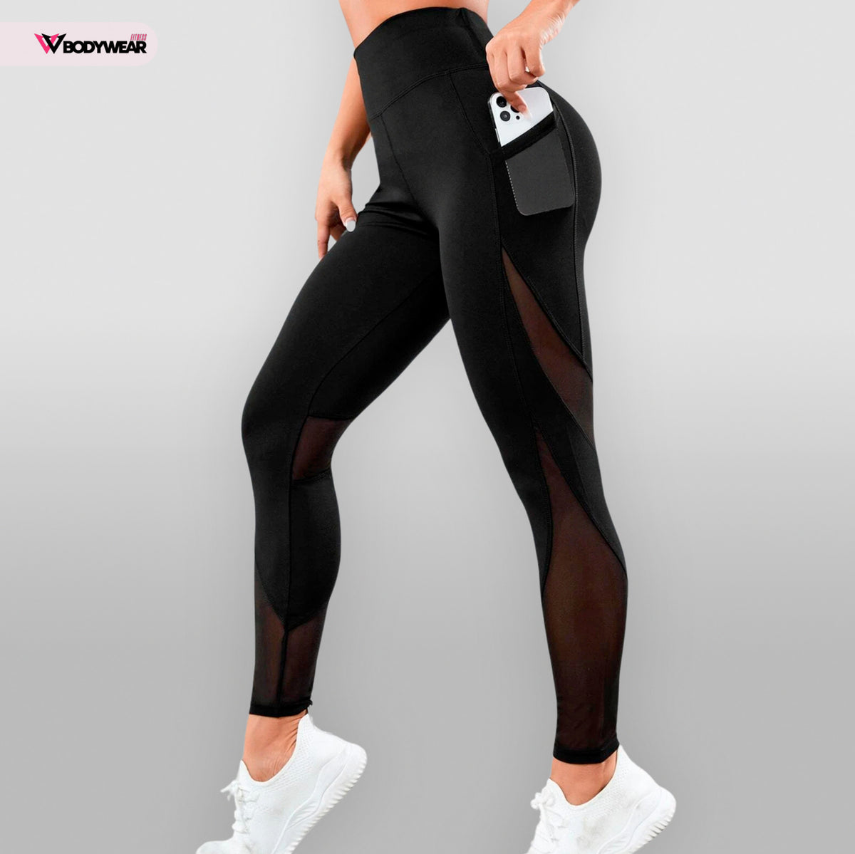 Legging esportiva Sólido Inserção de malha Com Bolso Para Telefone