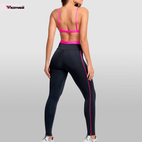 Conjunto Fitness - Legging com detalhe em Rosa e Top Rosa Poliamida