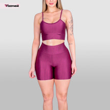 Conjunto Fitness - Short e Top nadador Cirre Listrado Alça Fina 3D