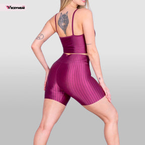 Conjunto Fitness - Short e Top nadador Cirre Listrado Alça Fina 3D